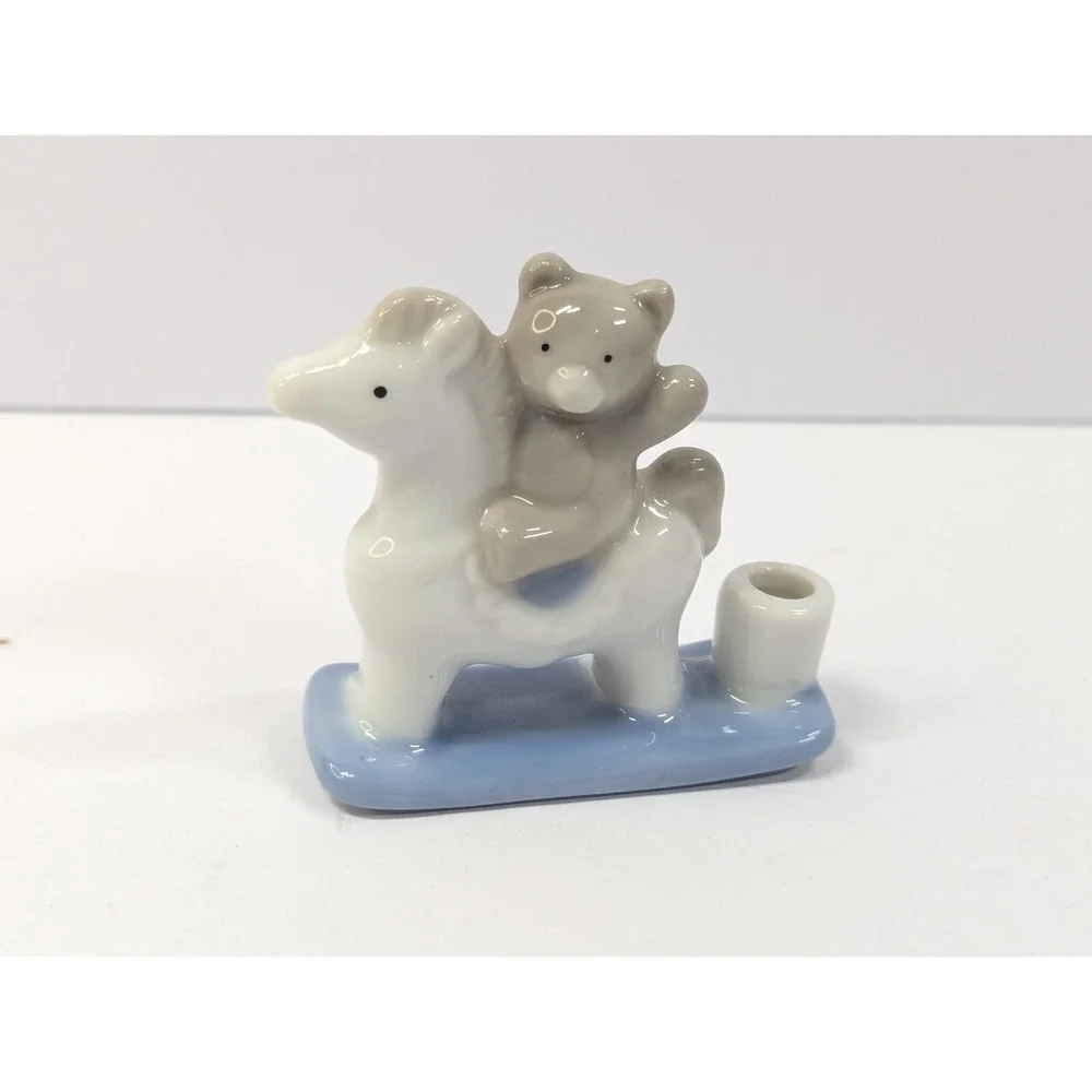 Biedermann Mini Taper Candle Holder Teddy Bear‎ on Horse Pony Porcelain Figurine